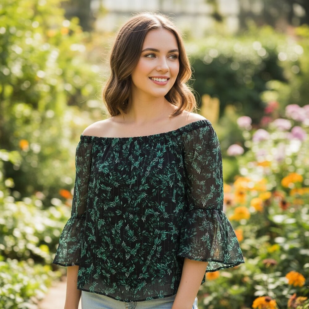 Ana S Black Green Top Boho Whimisgoth Fairy Flowy Cottage Tropical Resort Chic